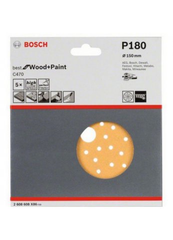 BOSCH 5 шлифлистов Best for Wood+Paint Multihole Ø150 K180 2.608.608.X86