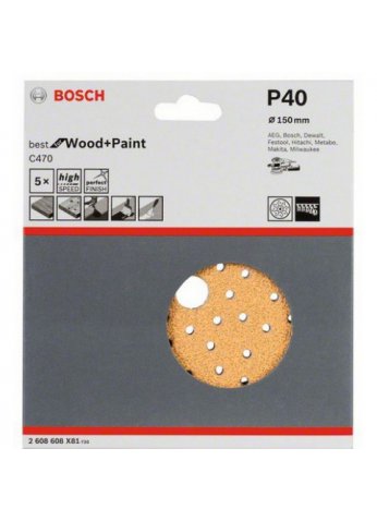 BOSCH 5 шлифлистов Best for Wood+Paint Multihole Ø150 K40 2.608.608.X81