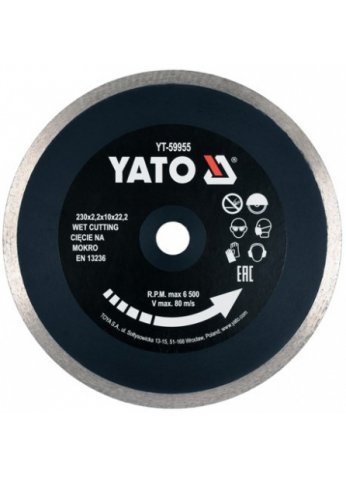 Круг алмазный 230x22.2x2.2мм (сплошной) "Yato" YT-59955