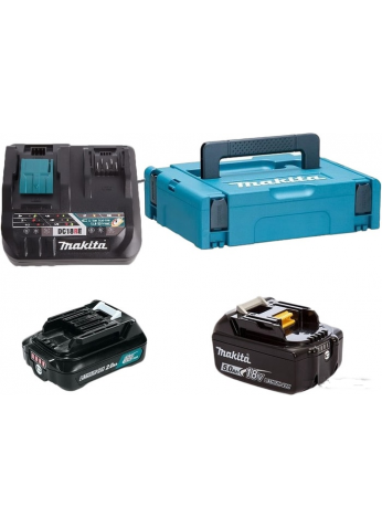 Аккумулятор с зарядным устройством Makita BL1021B + BL1850B + DC10SB (12В/2 Ah + 18В/5 Ah + 12В)