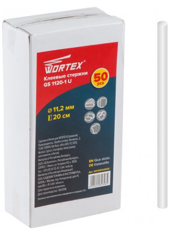 Клеевые стержни WORTEX GS 1120-1 U (PVC универсальный, 11,2*200мм, 50шт, коробка) (PVC универсальный)