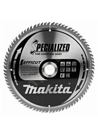 Пильный диск для дерева EFFICUT, 260x30x1,65x80T (для аккум. инструмента), MAKITA B-67240 (оригинал)