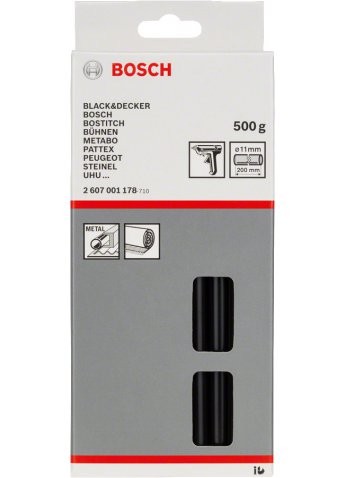 Стержни Bosch для клеевых пистолетов ЧЕРНЫЕ (11*200 мм, упаковка 25 шт., 500 гр., для эластичных, вязких соеденений, коврового покрытия, уплотнений, металла) (2607001178)