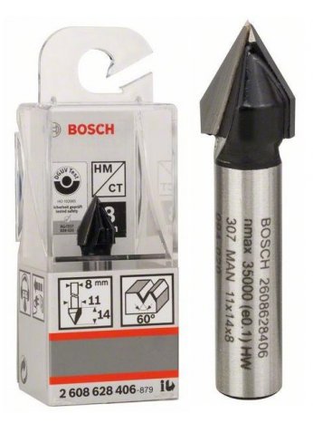 Фреза пазовая Bosch Professional V-обр, 2 лезвия, хв-8мм, ф11мм, длина-14мм, угол 60гр 2608628406